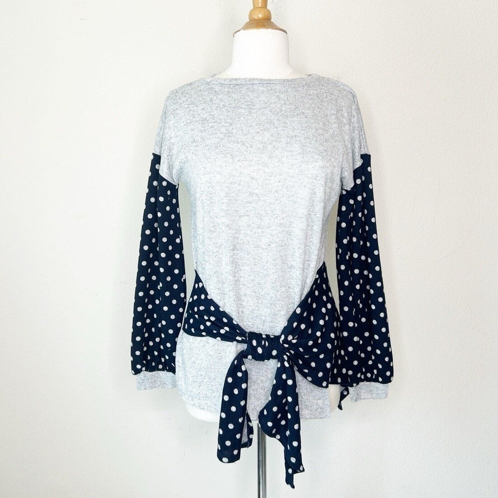 My Story Gray and Navy Polka Dot Tie Front Balloon Sleeve Sweater S